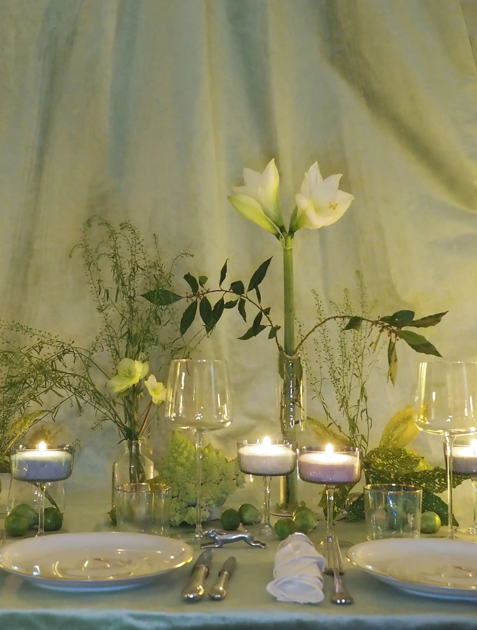 Asymmetrical composition with my heirloom porcelain, silver cutlery, flowers and greenery